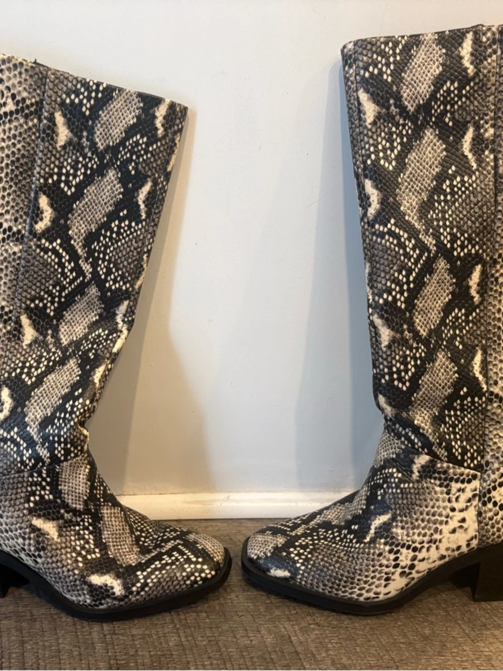 Snake Print Knee Boots - Black & Cream - Picture 2 of 8